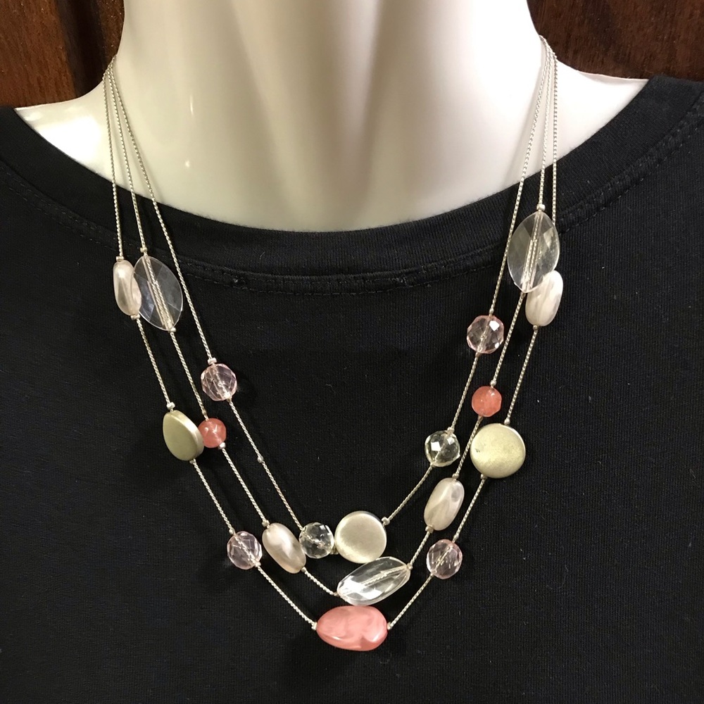 Multi-Layered Silver tone and Pink Acrylic Bead Necklace